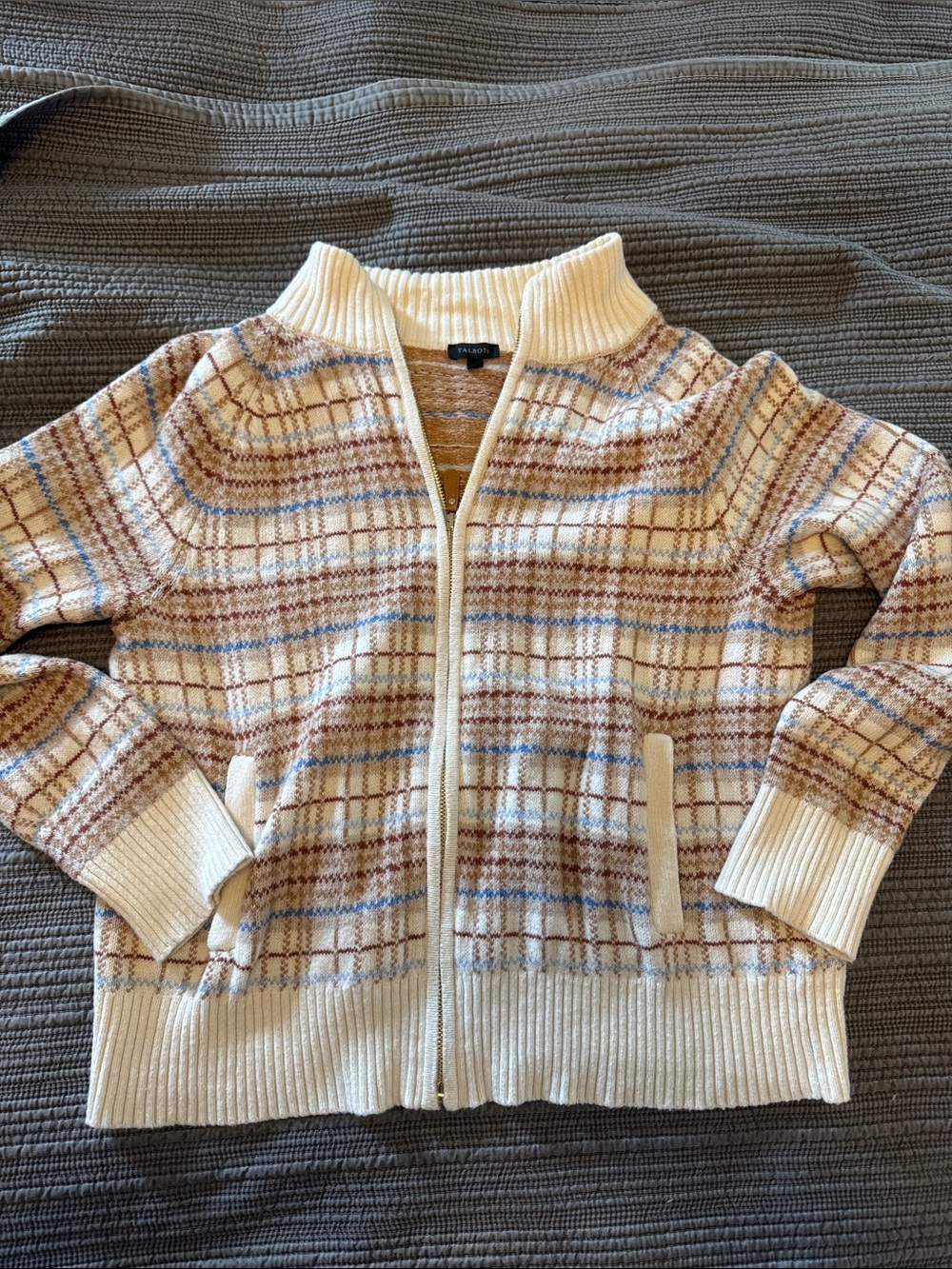 Talbots Cream Zip-Up Plaid Knit Jacket with Brown and Blue Stripes